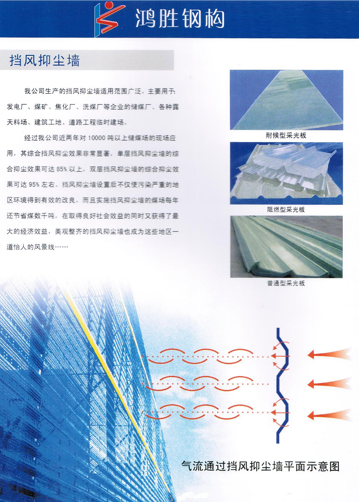 我公司生產(chǎn)的擋風(fēng)抑塵墻適用范圍廣泛，主要用于 發(fā)電廠、煤礦、焦化廠、洗煤廠等企業(yè)的儲煤廠、各種露天料場、建筑工地、道路工程臨時建場。