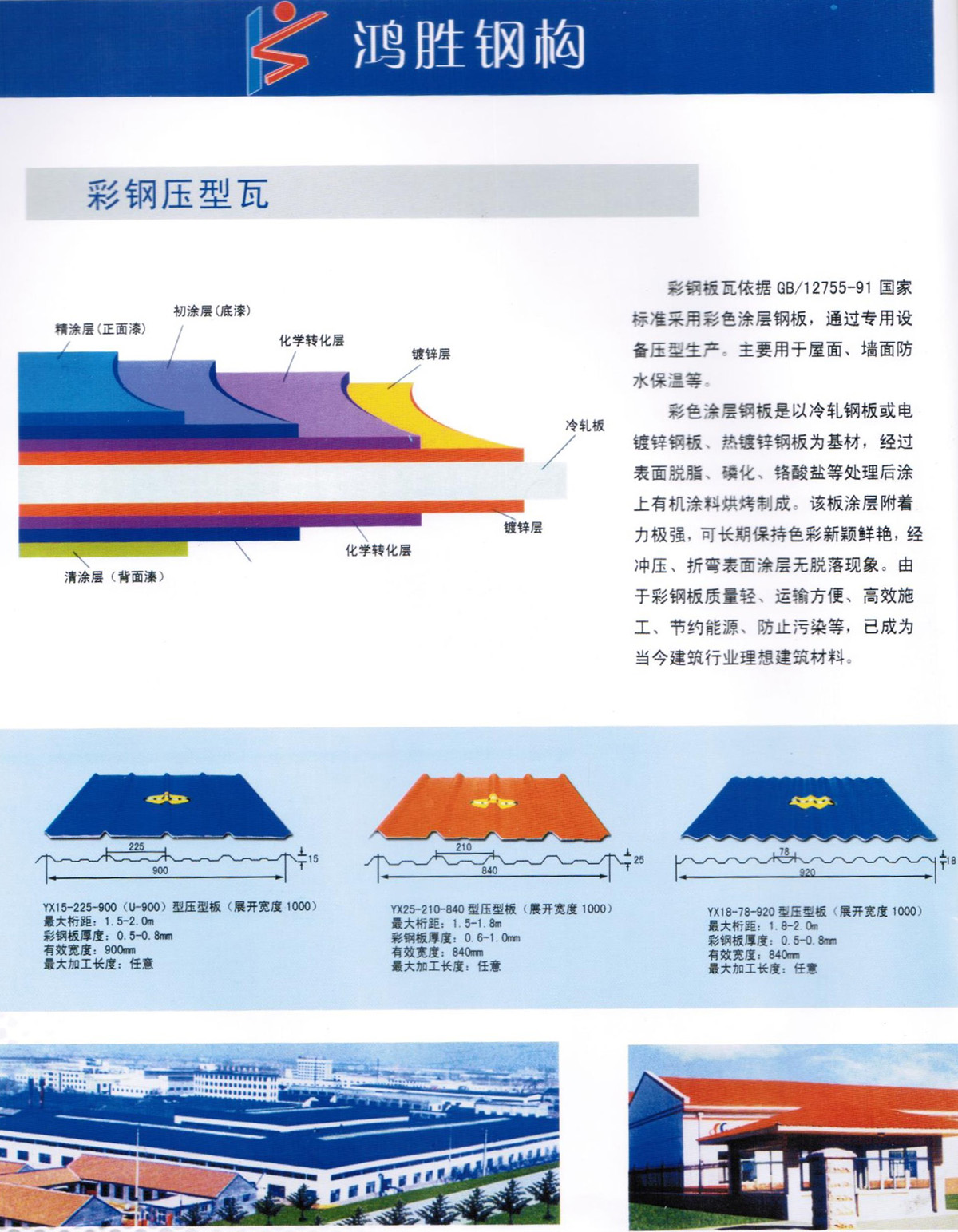 彩鋼板瓦依據 GB/12755-91 國家標準采用彩色涂層鋼板，通過專用設備壓型生產。主要用于屋面、墻面防水保溫等。 彩色涂層鋼板是以冷軋鋼板或電鍍鋅鋼板、熱鍍鋅鋼板為基材，經過表面脫脂、磷化、鉻酸鹽等處理后涂上有機涂料烘烤制成。該板涂層附著力極強，可長期保持色彩新穎鮮艷，經沖壓、折彎表面涂層無脫落現象。由于彩鋼板質量輕、運輸方便、高效施工、節(jié)約能源、防止污染等，已成為當今建筑行業(yè)理想建筑材料。